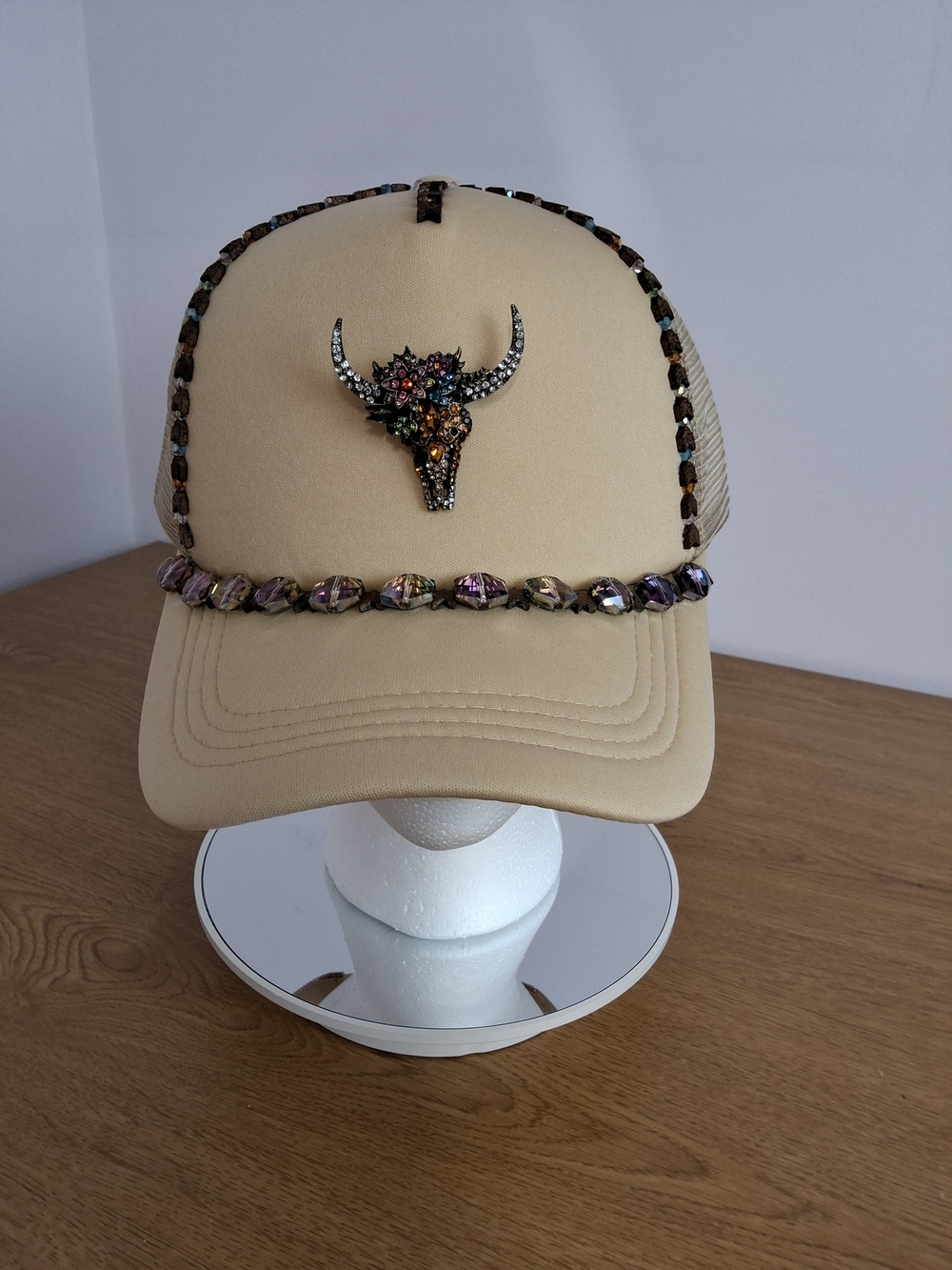 Handcrafted Women's Western Embellished Beige Trucker Hat with Bull Accent